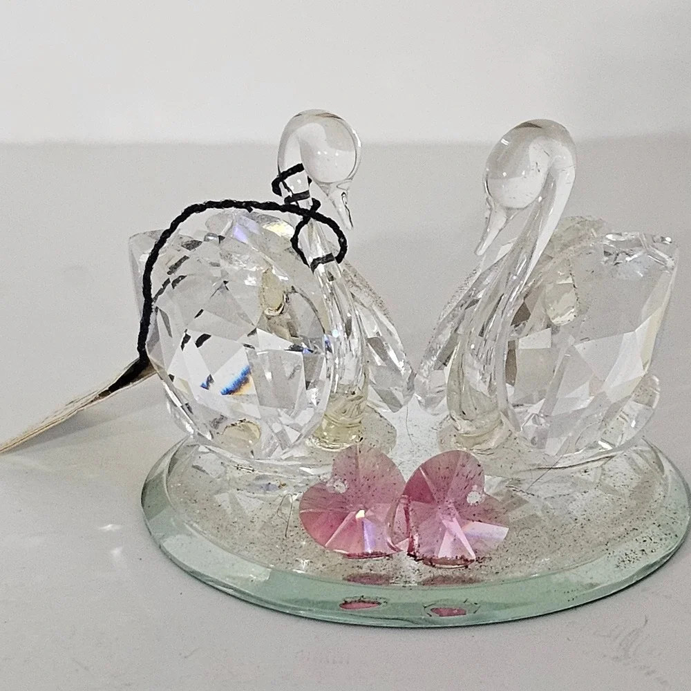 Faceted Crystal Swan Figurine Pair with Pink Hearts on Mirrored Base